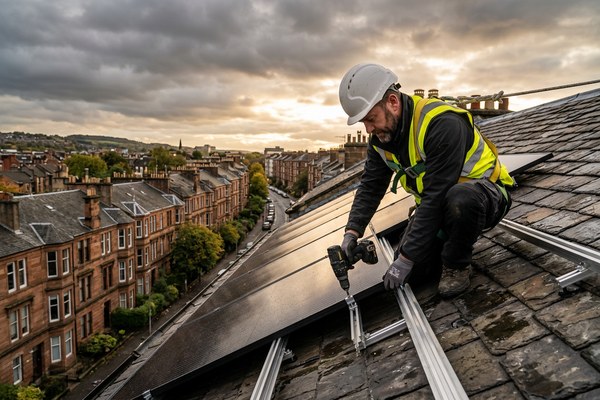 A male solar panel installer wearing a white hard hat, hi-vis yellow and orange safety vest, safety harness, and dark workwear crouches on a grey slate rooftop, using a yellow DeWalt cordless drill to secure black solar PV panels onto silver aluminium mounting rails. Scaffolding is visible to the left. In the background, a long tree-lined residential street is flanked by rows of traditional red sandstone terraced houses with chimney stacks, parked cars, and a distant hillside cityscape under a dramatic overcast sky with breaks of warm light.