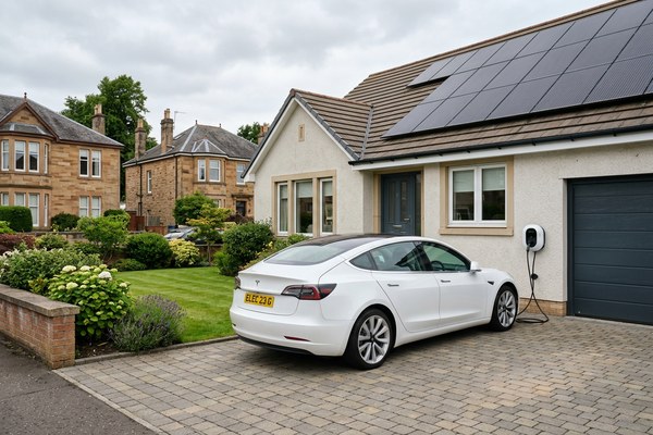 A modern architect-designed rural Scottish home with white rendered walls, grey slate cladding, wooden panel accents, and large glazed windows, set against open Highland moorland with rolling hills and heather. Multiple black solar PV panels are visible on both roof sections. A white Tesla Model 3 electric vehicle is parked on a block-paved driveway beside a garage, plugged into a white wall-mounted EV charger. A dry-stone wall and ornamental planting complete the scene. The image illustrates an integrated solar and EV charging lifestyle in a remote rural setting.