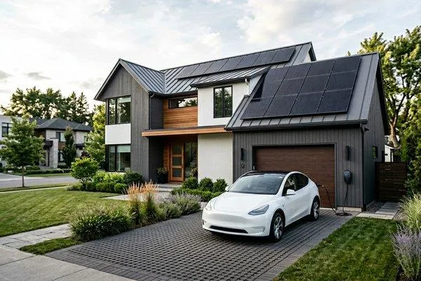 Electric vehicle charging at home using a wall-mounted EV charger powered by rooftop solar panels in Glasgow.