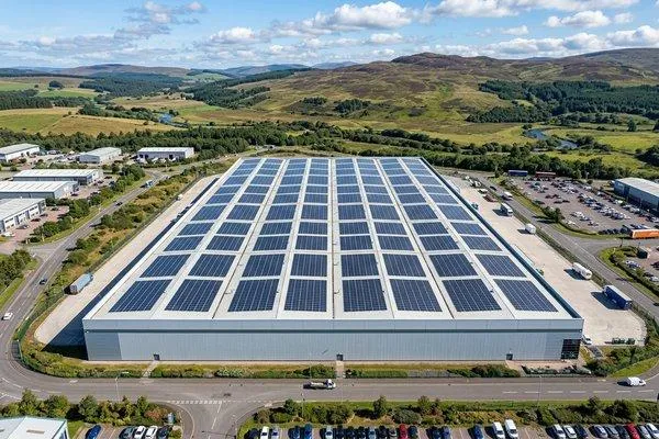 Large-scale commercial solar panel array installed on the flat roof of a Glasgow business building.