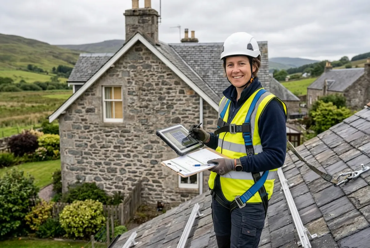 MCS-certified solar surveyor performing a detailed roof survey for solar panels on a Glasgow home.