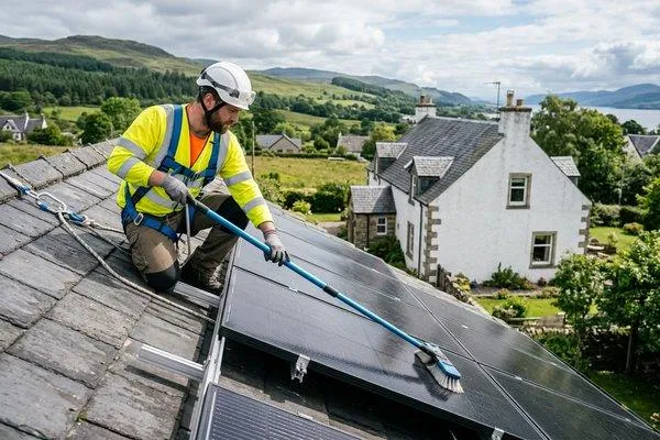 Professional technician performing solar panel cleaning and maintenance on a residential roof in Glasgow.