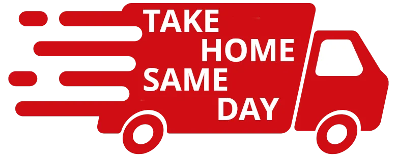 a red truck with the words "take home same day" on the side