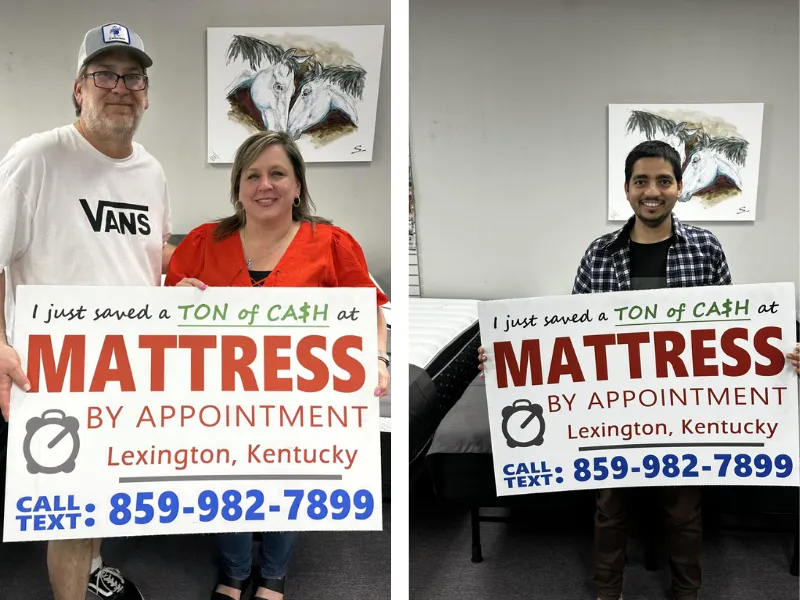 two images of smiling customers in a mattress store holding a sign that says "I love my new mattress"