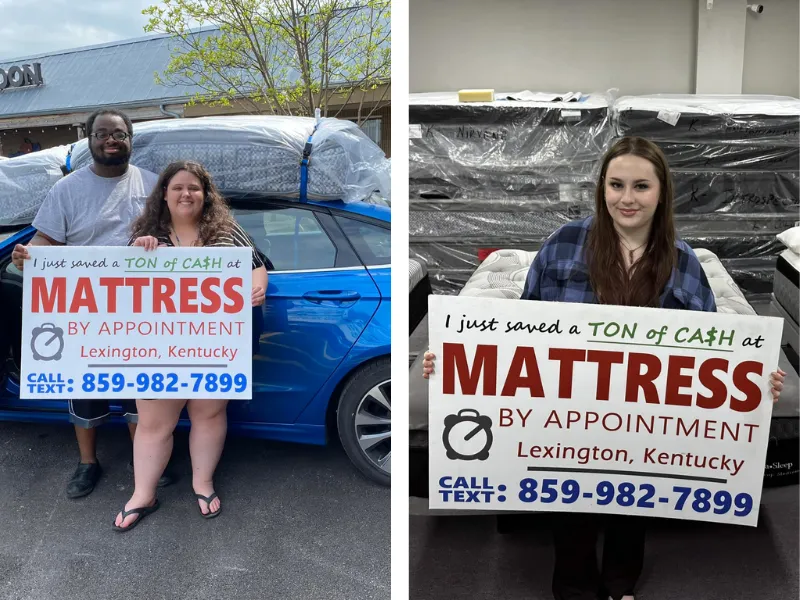 two images of smiling customers in a mattress store holding a sign that says "I love my new mattress"