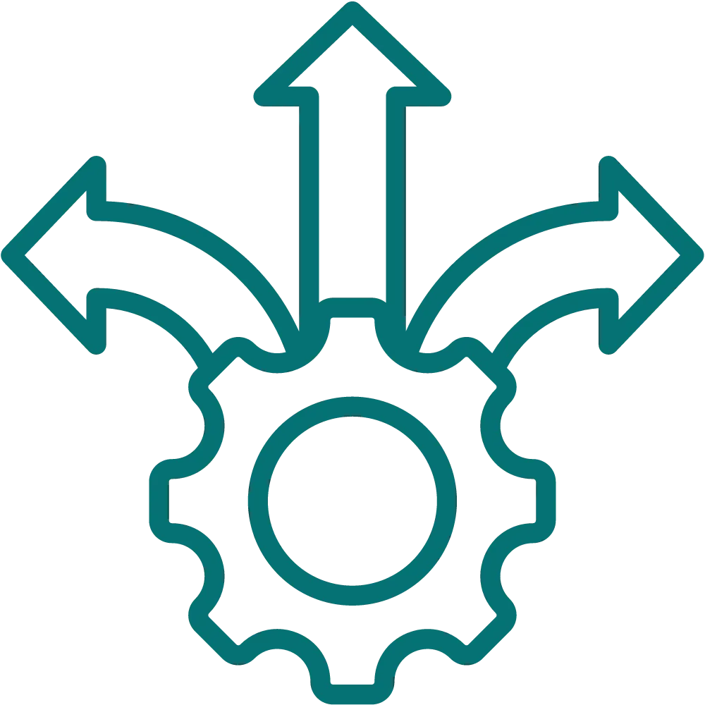 flexibility icon showing a cog with 3 arrows facing different directions