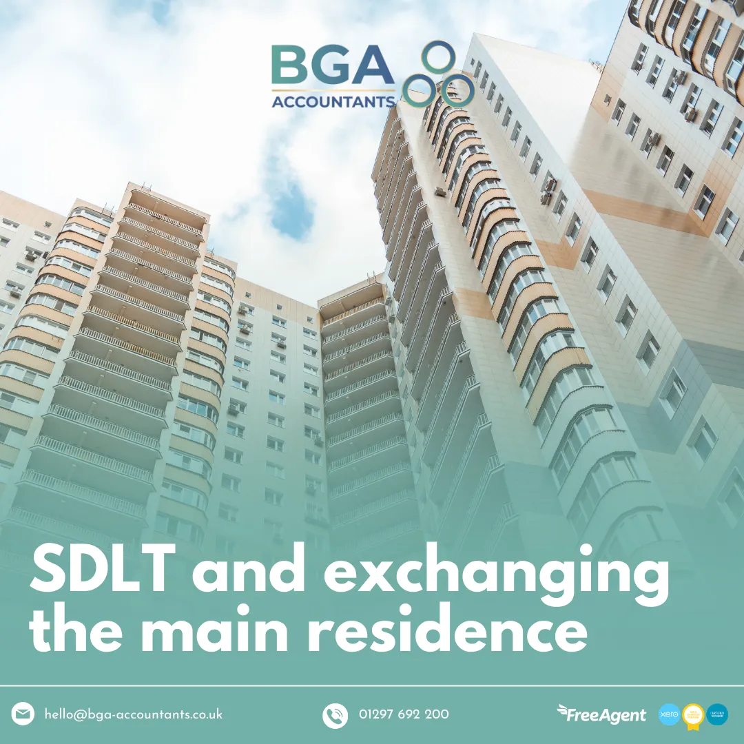 Modern apartment buildings with headline “SDLT and exchanging the main residence”, representing UK stamp duty rules, second property surcharge, and main residence replacement guidance.