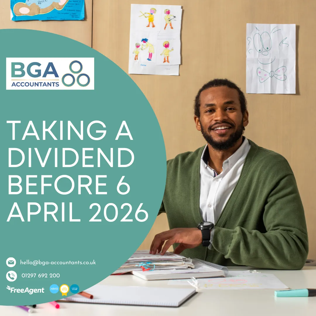 Company director reviewing paperwork with headline “Taking a dividend before 6 April 2026” highlighting UK dividend tax planning before the tax year deadline.
