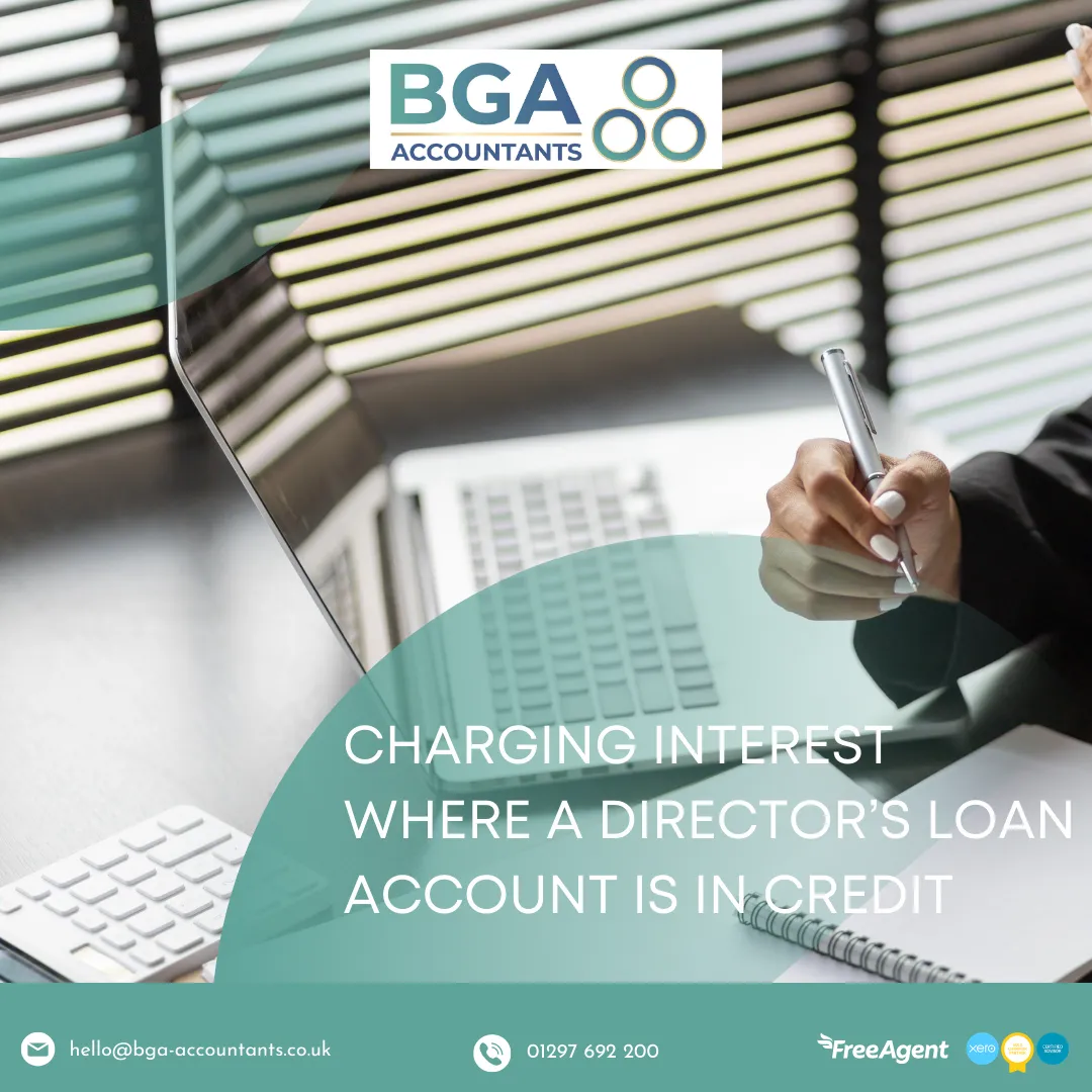 Person reviewing finances on a laptop with headline “Charging interest where a director’s loan account is in credit”, illustrating UK tax rules for director loan interest and DLA planning.