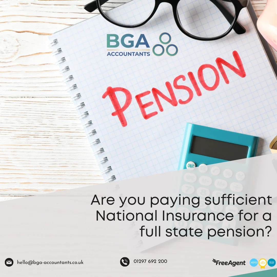 Notebook with the word “Pension”, calculator and glasses illustrating National Insurance contributions required for a full UK state pension