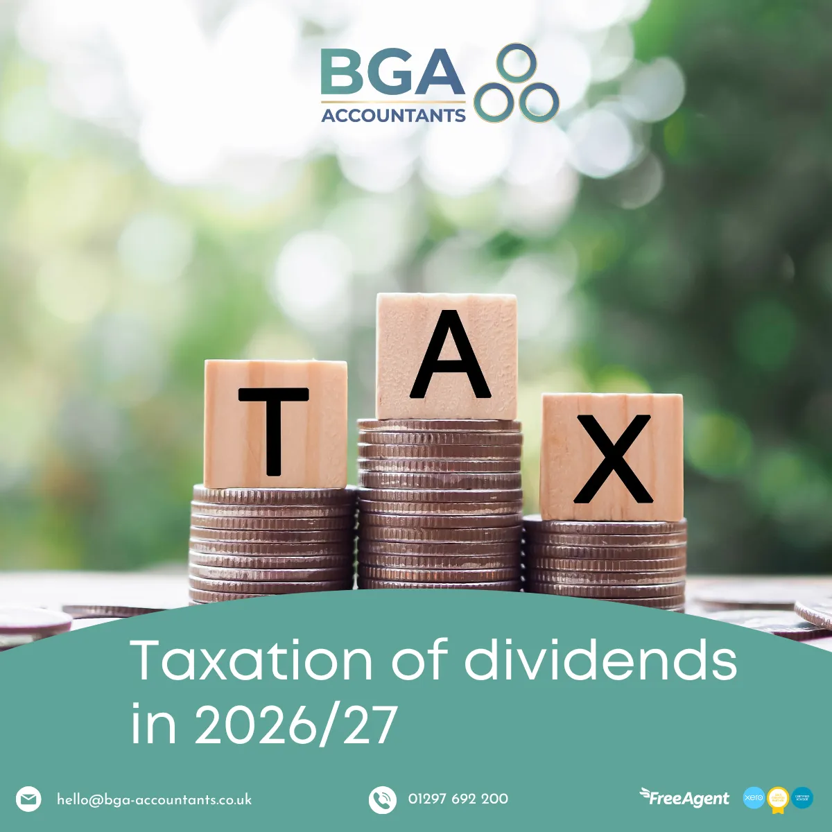 Stacks of coins with wooden blocks spelling “TAX” illustrating dividend taxation and dividend tax rate changes in the UK for 2026/27.