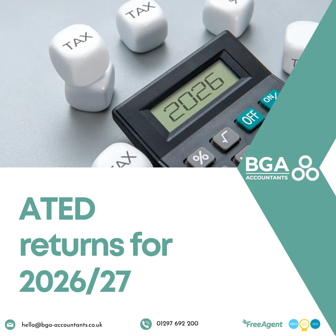 Calculator showing 2026 with tax cubes representing ATED returns and Annual Tax on Enveloped Dwellings for UK residential property companies.