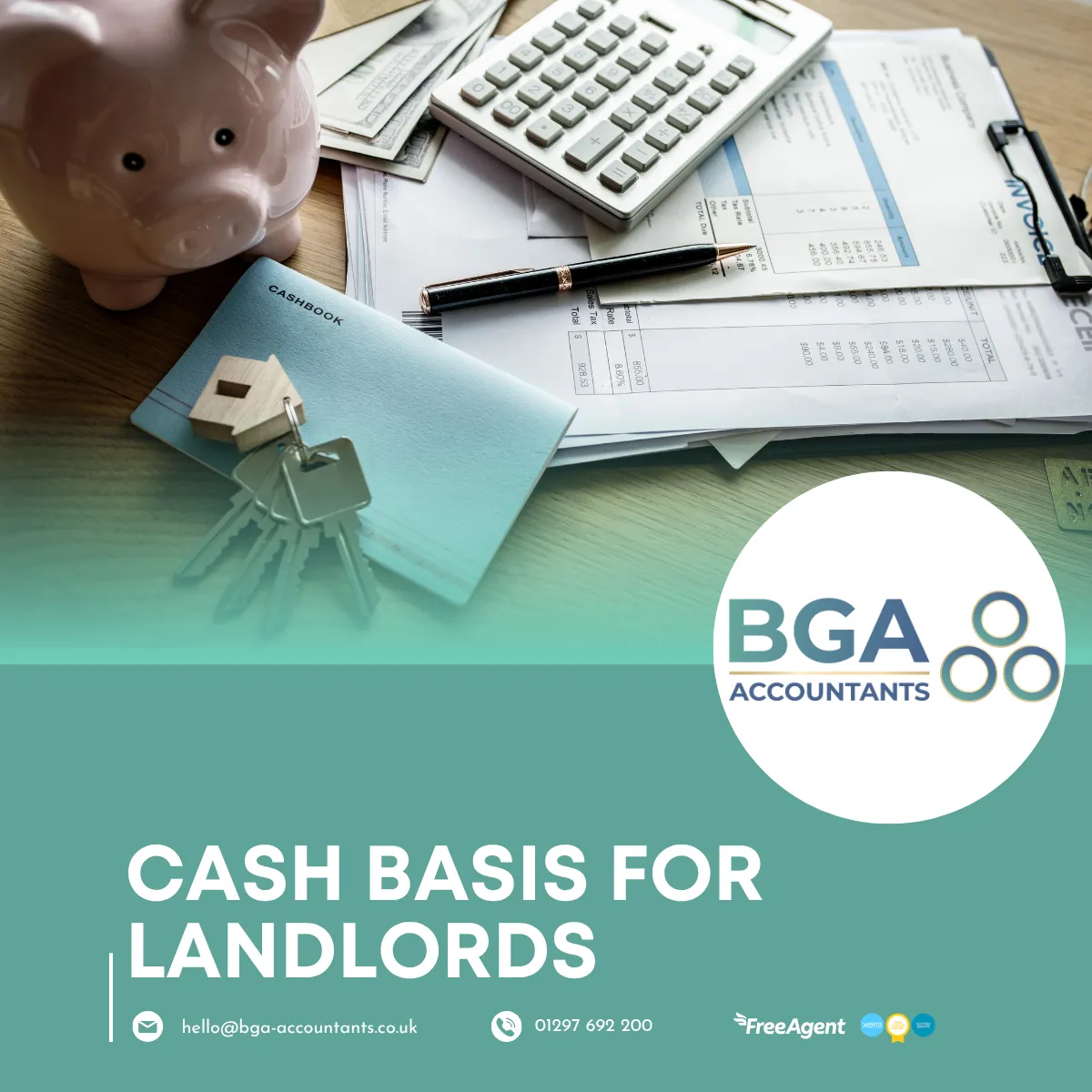 Cash basis accounting for landlords showing rental property records, cashbook, calculator and financial documents used to manage rental income and expenses.