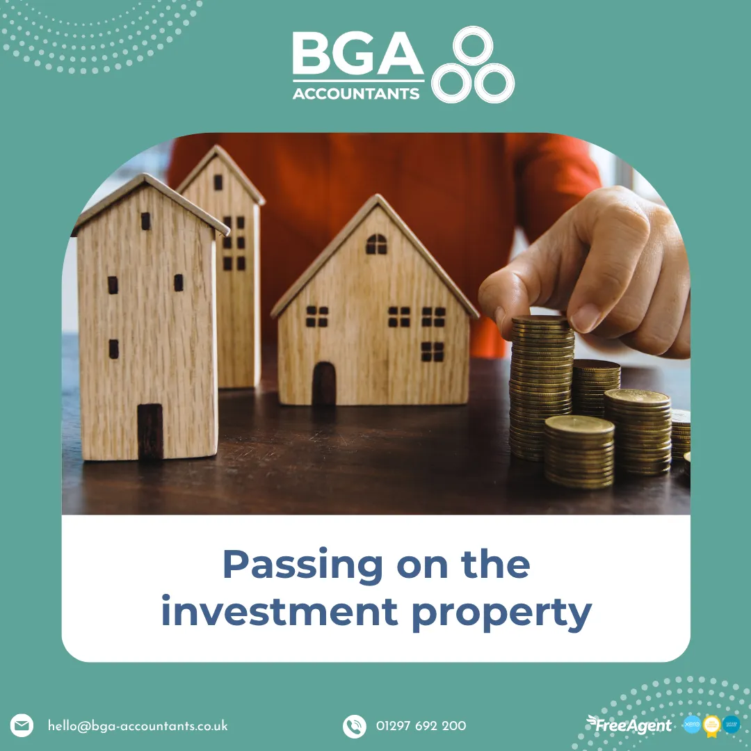 Wooden model houses beside stacks of coins illustrating passing on an investment property, inheritance tax planning and capital gains tax for UK landlords.
