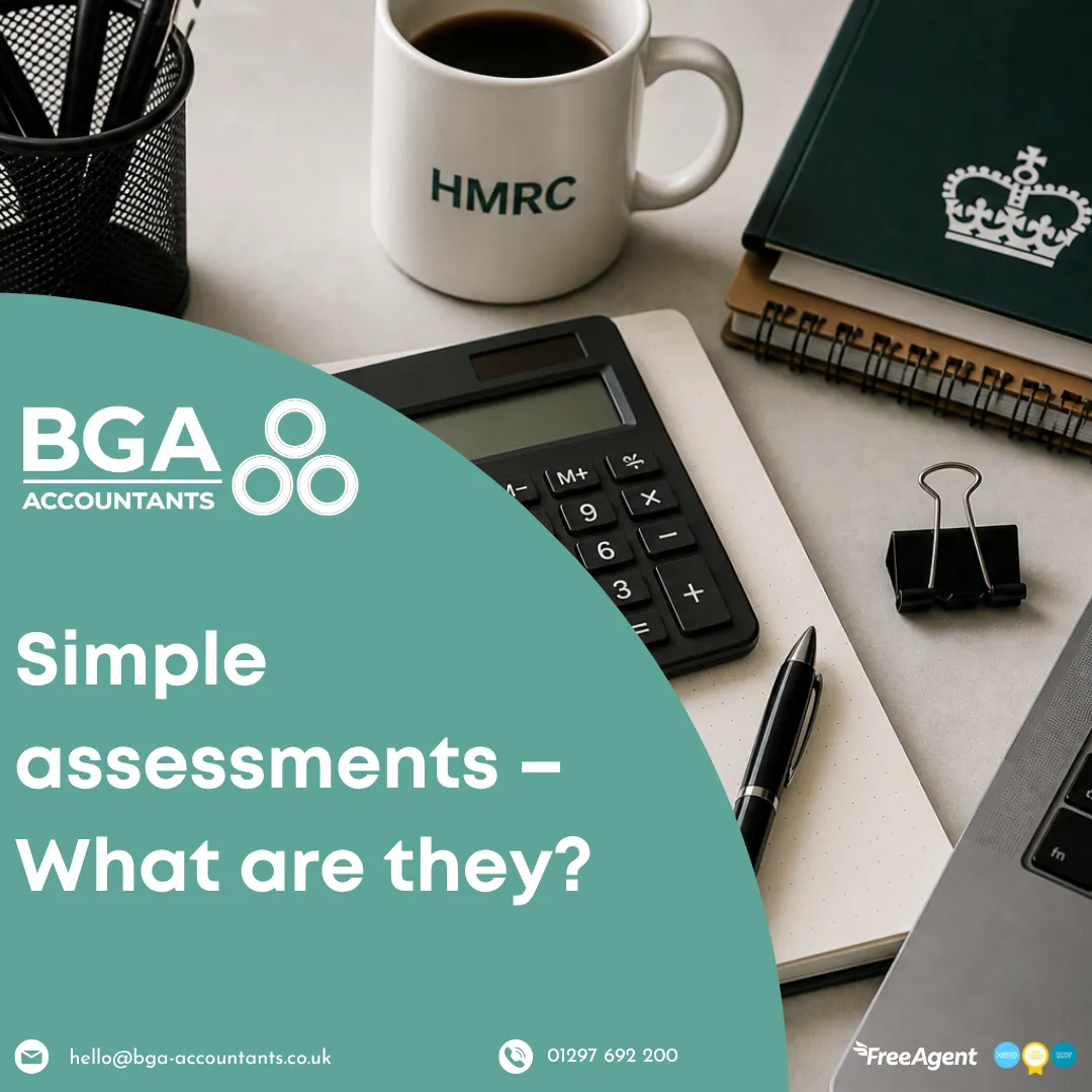Calculator, notebook and HMRC documents illustrating a Simple Assessment tax calculation and HMRC guidance for UK taxpayers.