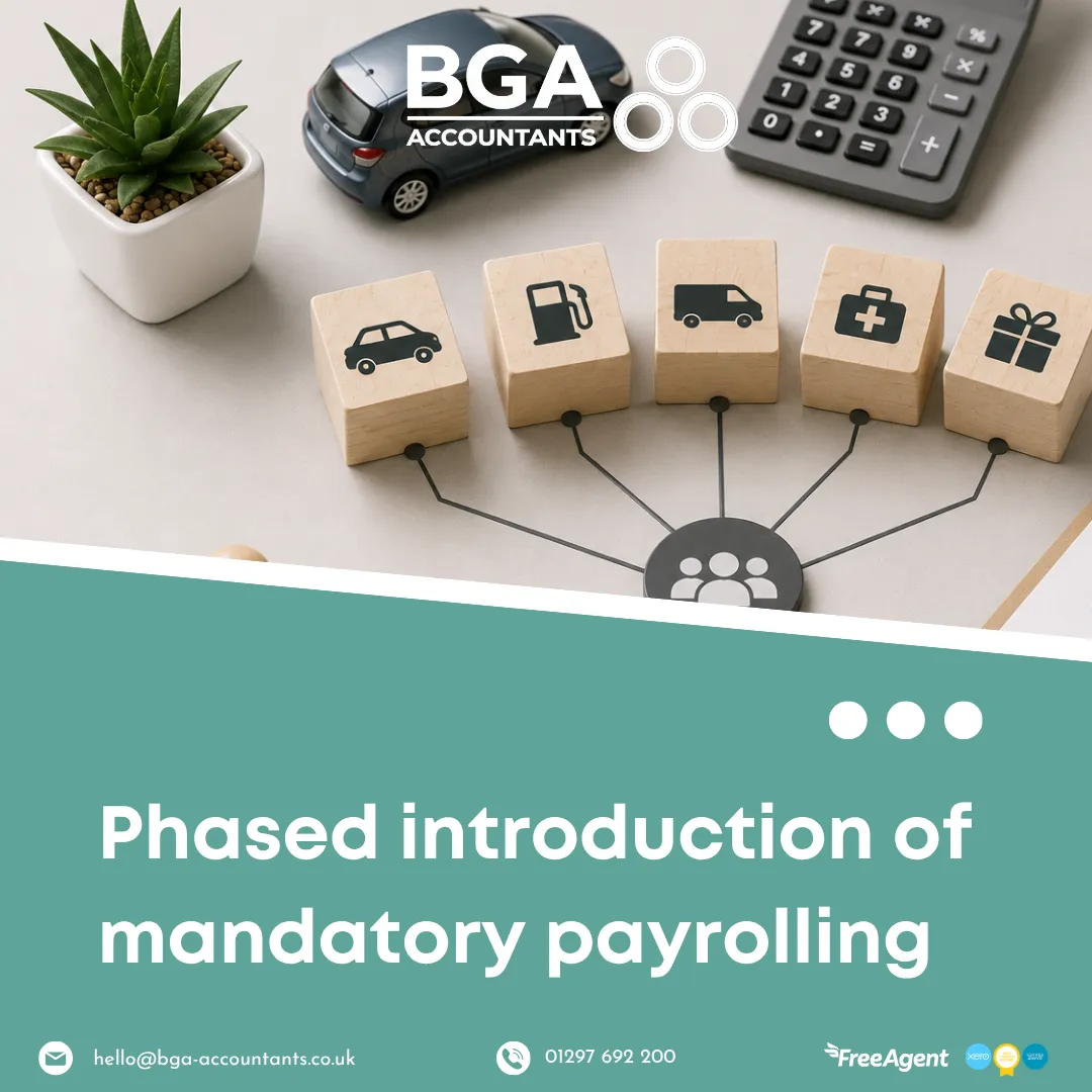 Employee benefit icons for company cars, fuel, vans and medical benefits representing the phased introduction of mandatory payrolling.