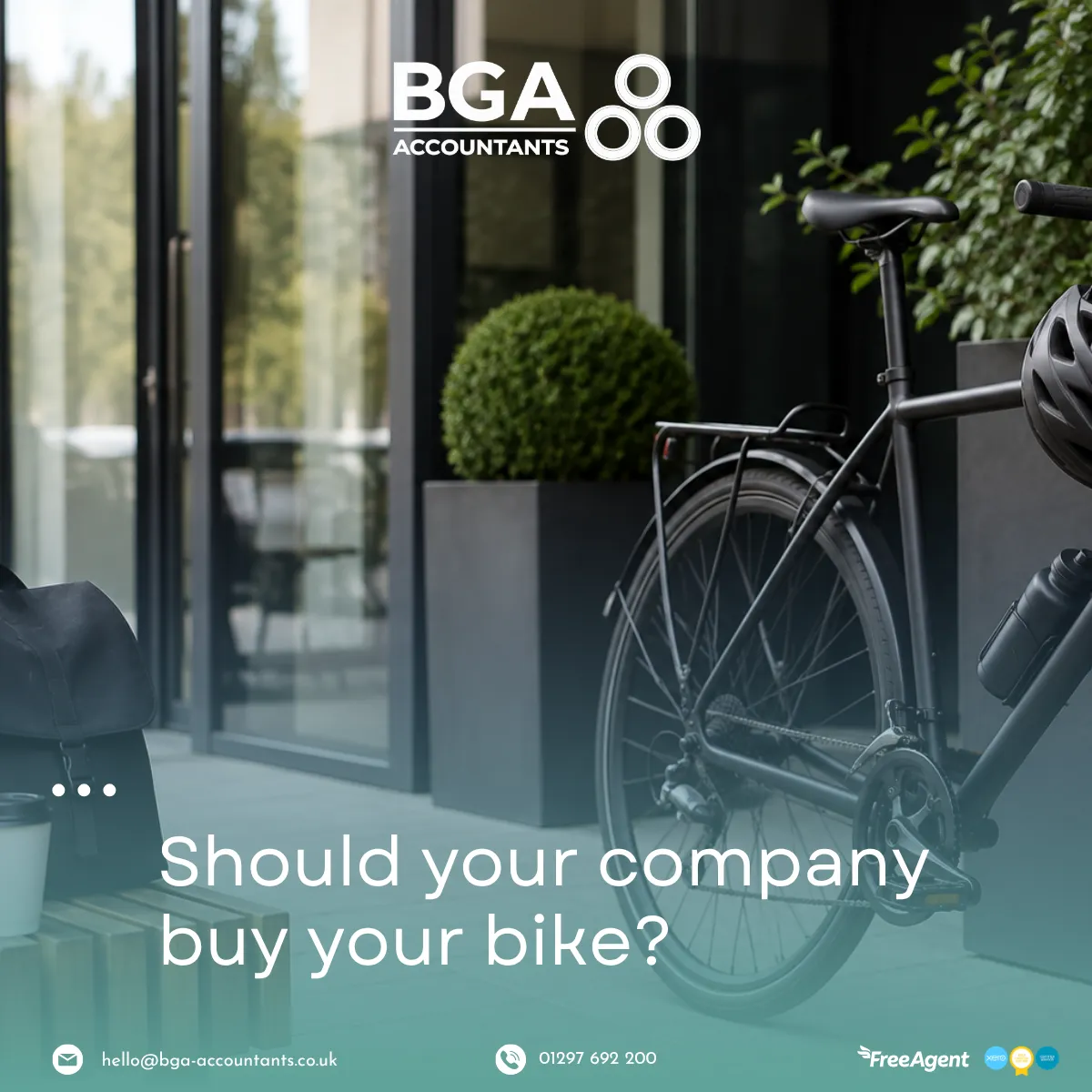 Bicycle outside a modern workplace representing company-funded bikes for commuting and business travel.
