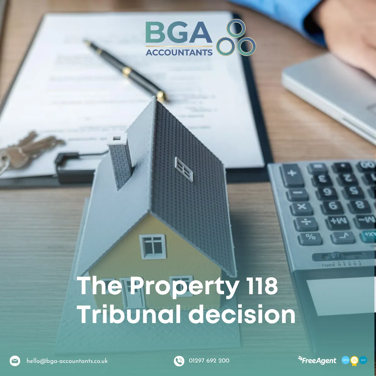 House model, calculator and financial documents representing property investment, taxation and a property business.