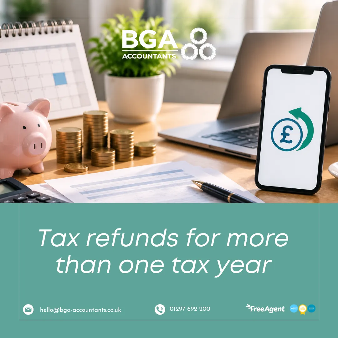 Tax refund concept showing financial documents, savings, and digital repayment services for HMRC multi-year tax refunds.