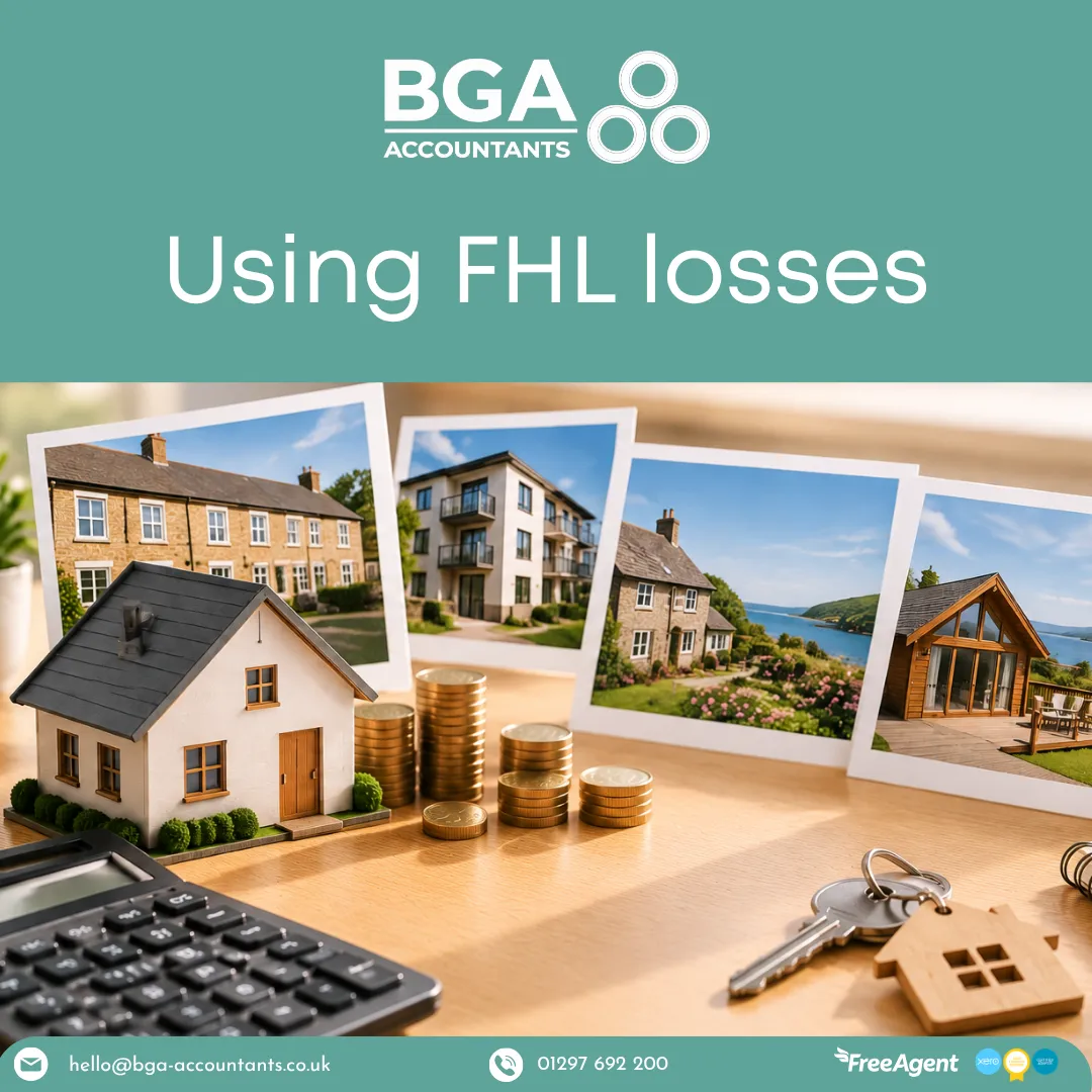 Property investment concept showing holiday accommodation and financial calculations relating to Furnished Holiday Let losses and rental income tax rules.