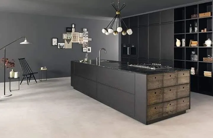 High-res photo of a kitchen with thin white architectural lines overlaid, showing dimensions and structural alignment.
