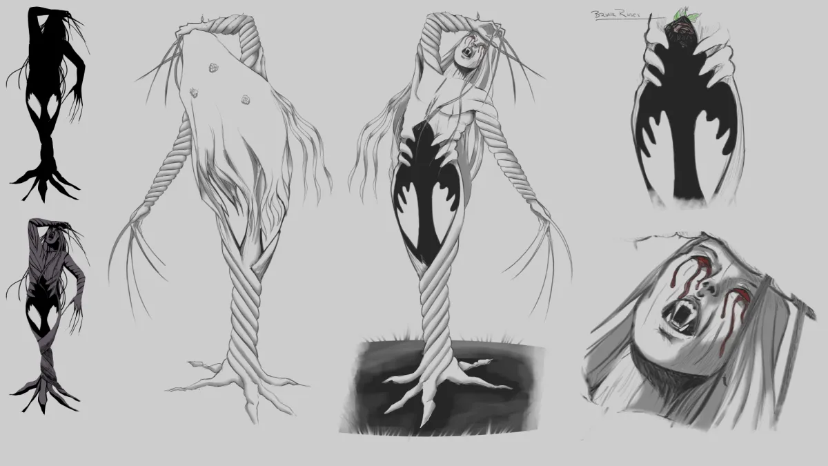 a black and white drawing of a twisted vampiric dryad, rooted in the center of rot.