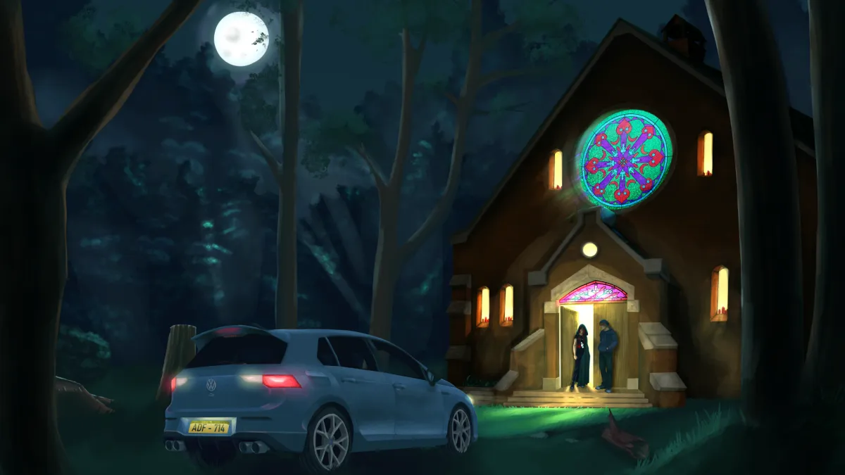 A painting of a church at night, a car parked in front of it with headlights on.