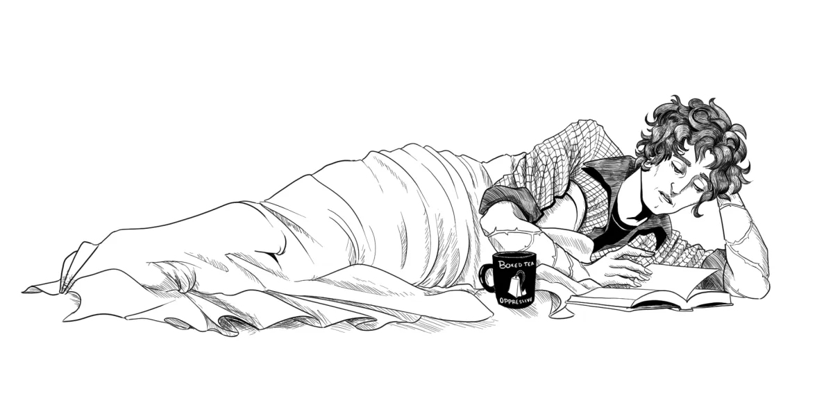 a black and white drawing of a person with scarred arms laying down and reading a book.