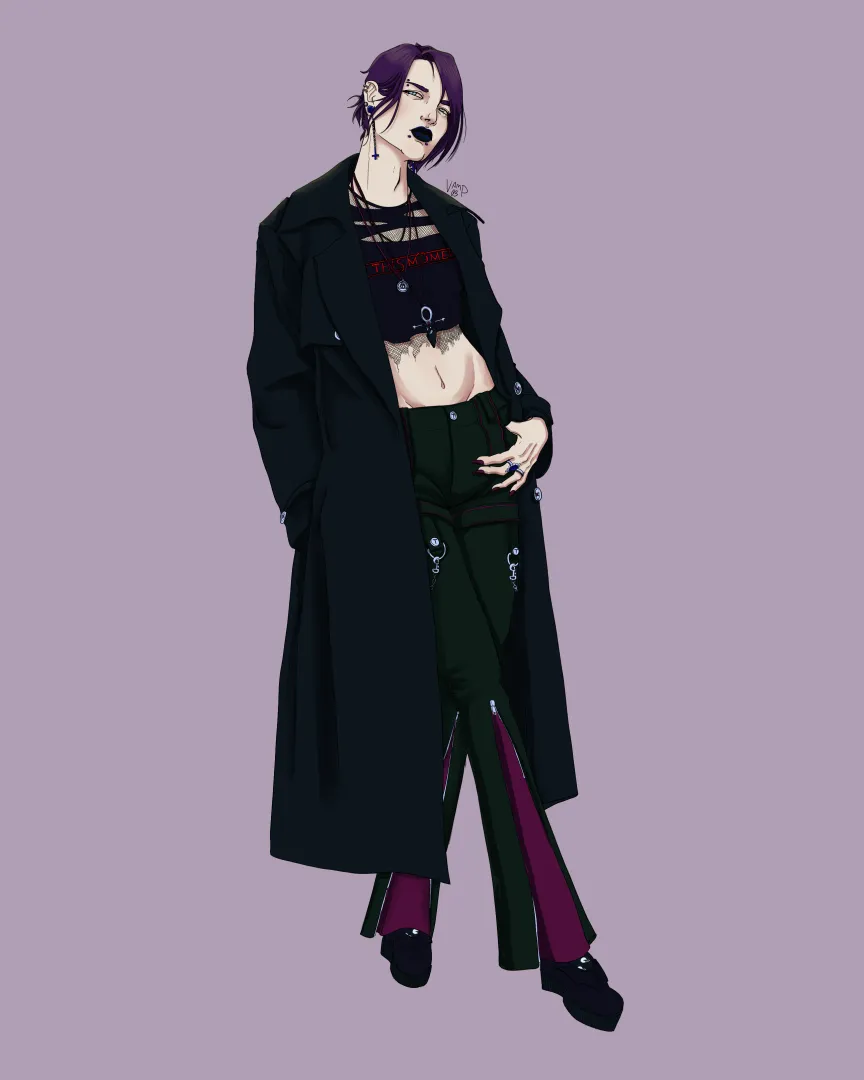 a woman in a trenchcoat and alternative fashion glares at the viewer.
