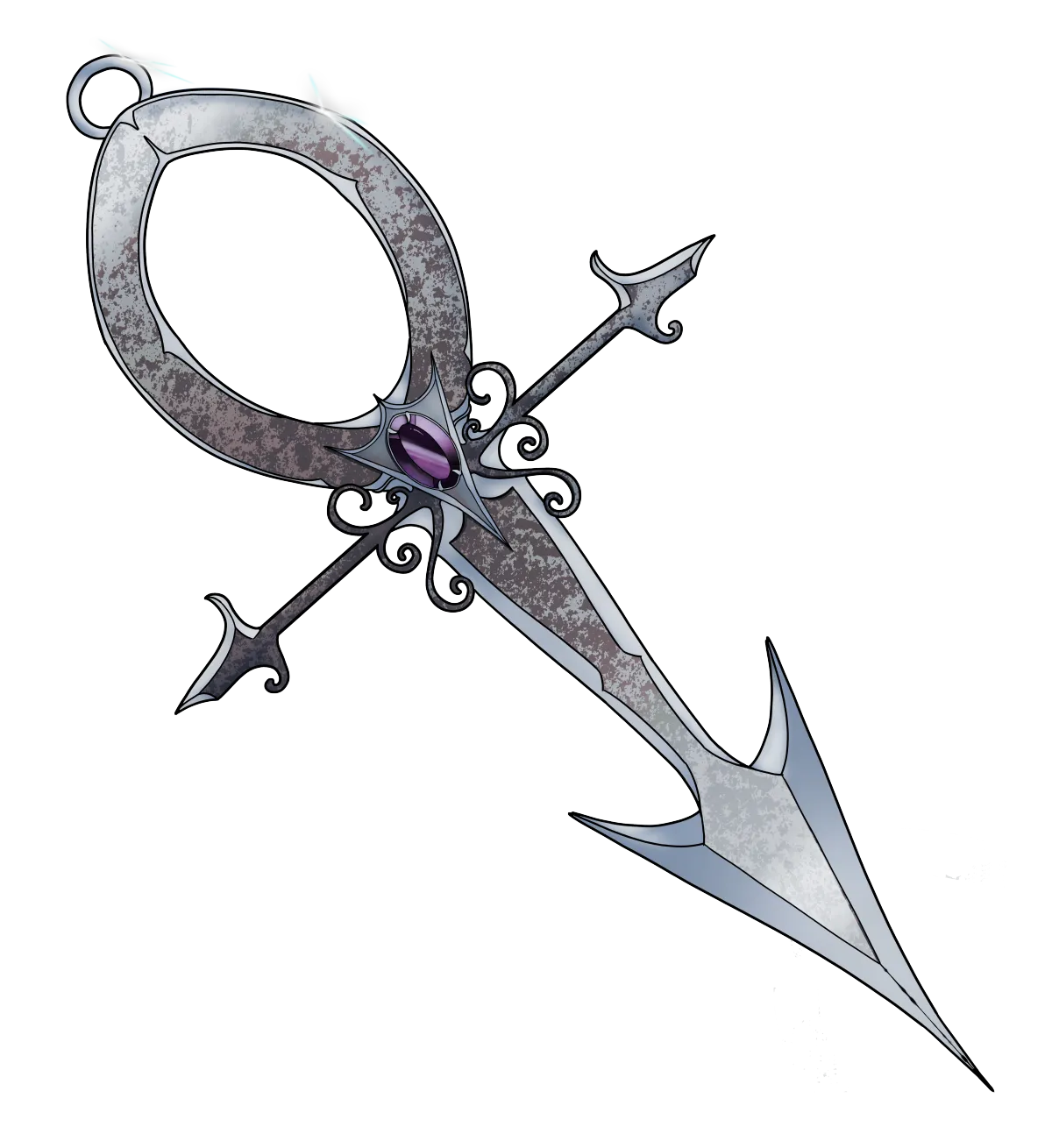 A silver dagger shaped like an ankh, an amethyst in the center.