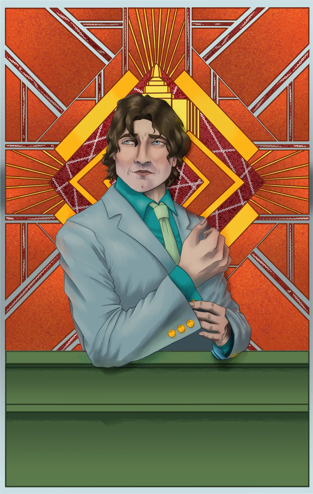 a young man fixes his shirt sleeve in front of an art deco mural