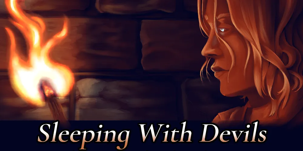 a man holding a torch in a brick room