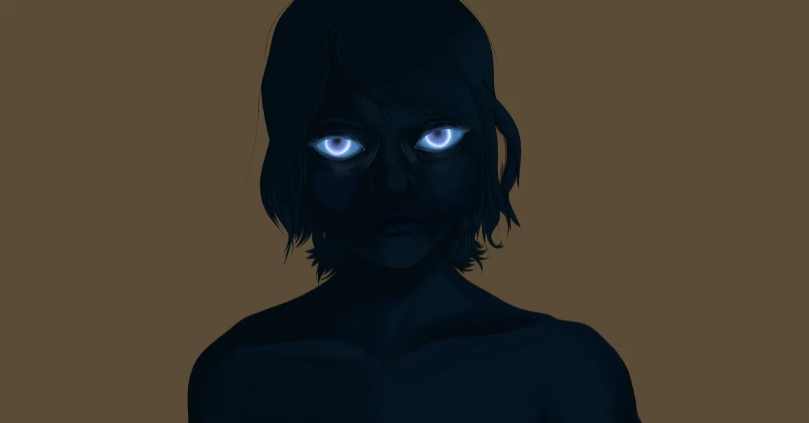 A drawing of a silhouette with glowing blue eyes