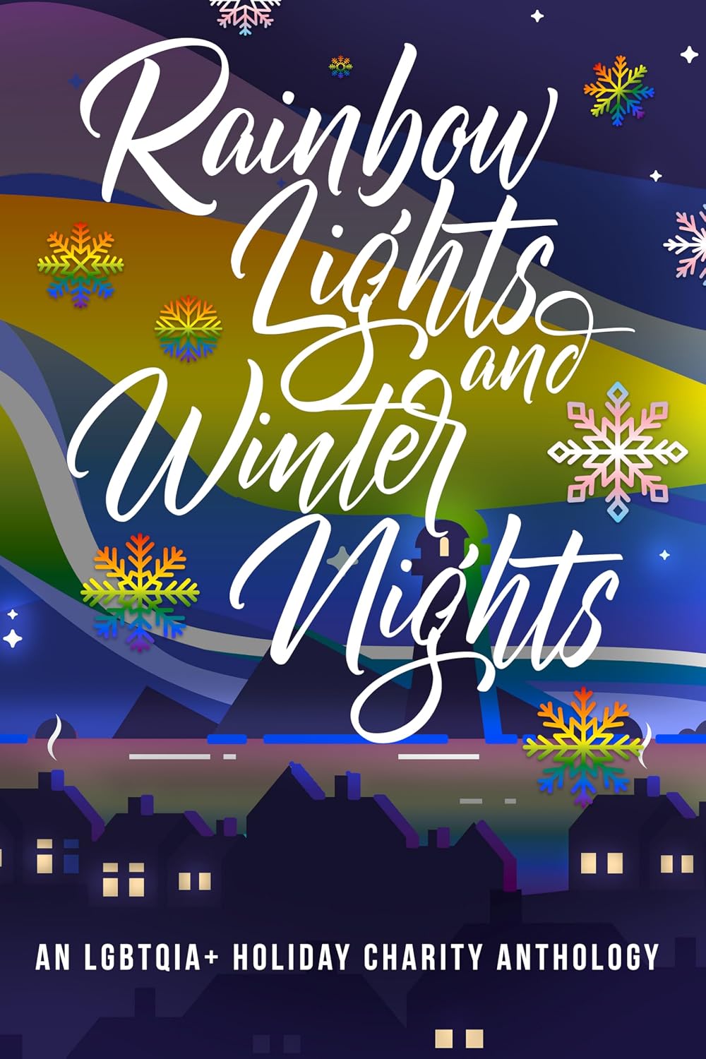 A book cover with a rainbow graphic showing an aurora at night