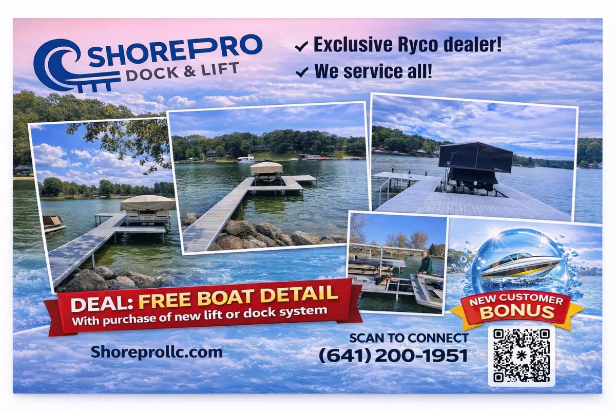 Shore Pro dock and lift installation on lake in Iowa