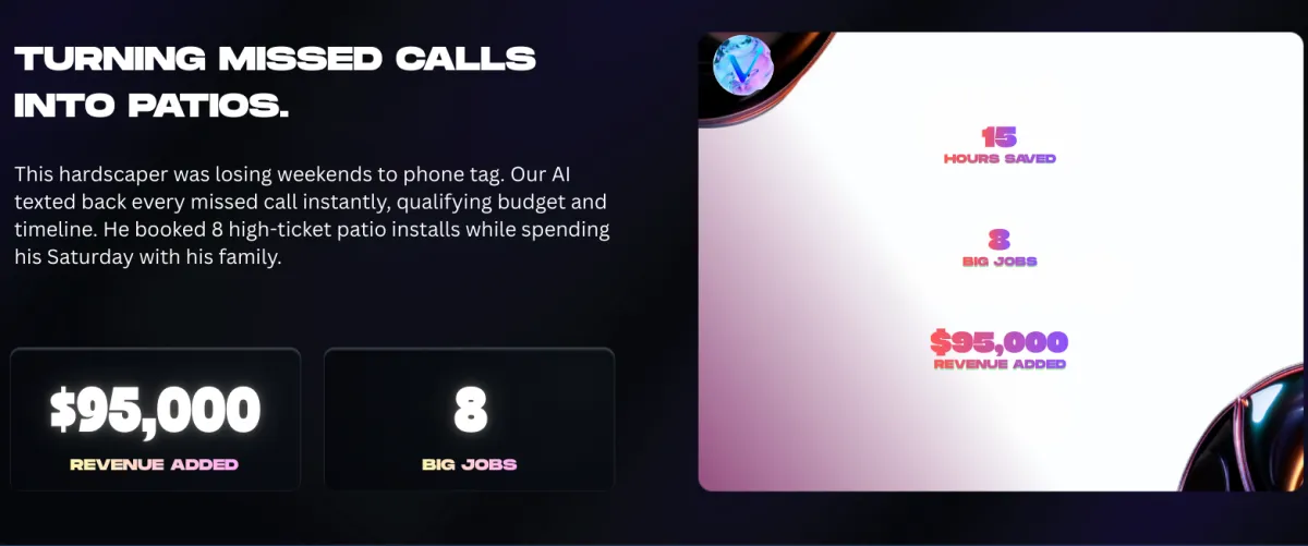 Alt Text: "Landscaping and Hardscaping case study where AI Missed Call Text Back booked 8 high-ticket patio installations automatically."