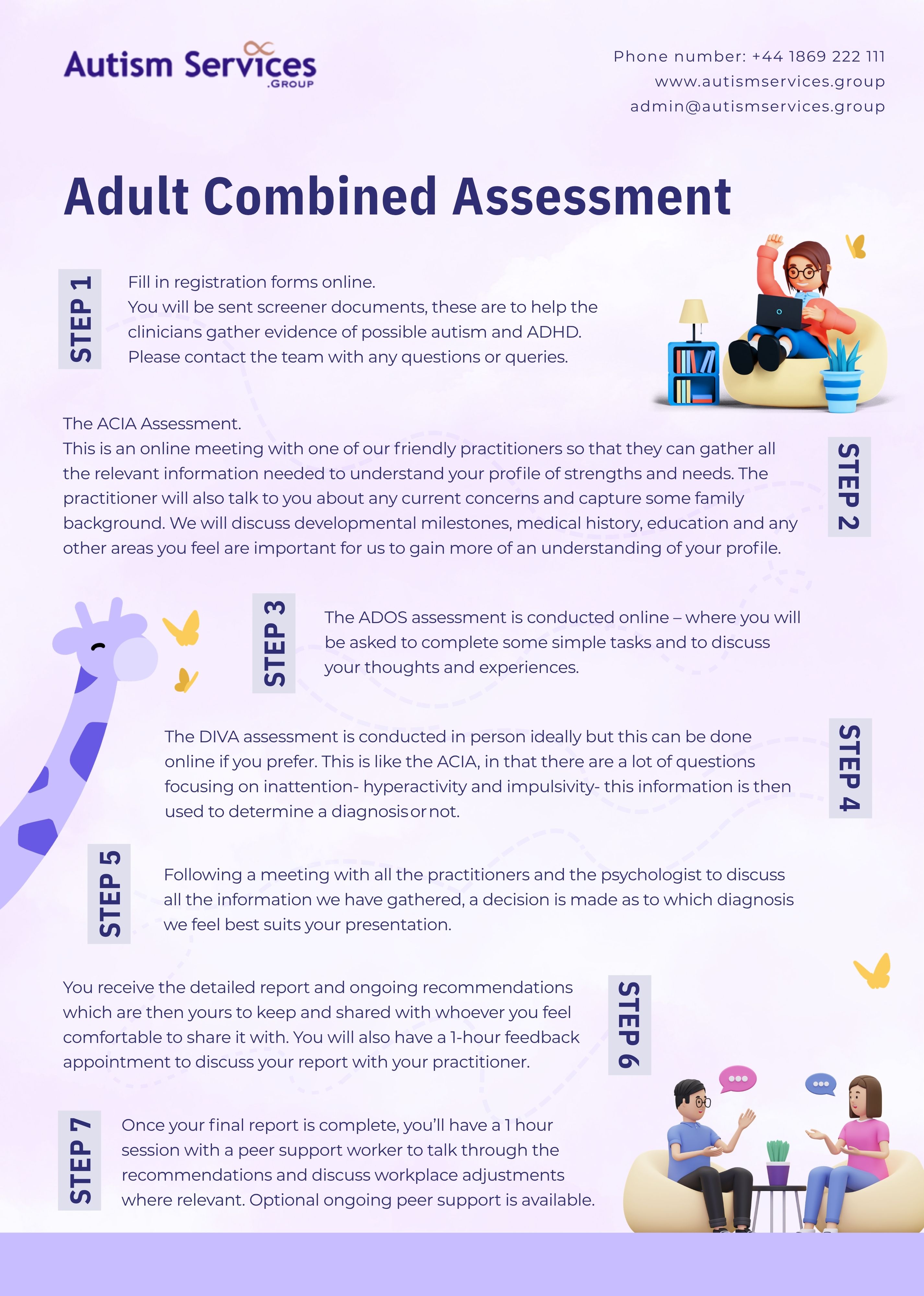 Infographic titled 'Get Started' detailing the 7-step child autism assessment process at Autism Services Group, featuring a road illustration with giraffe characters.