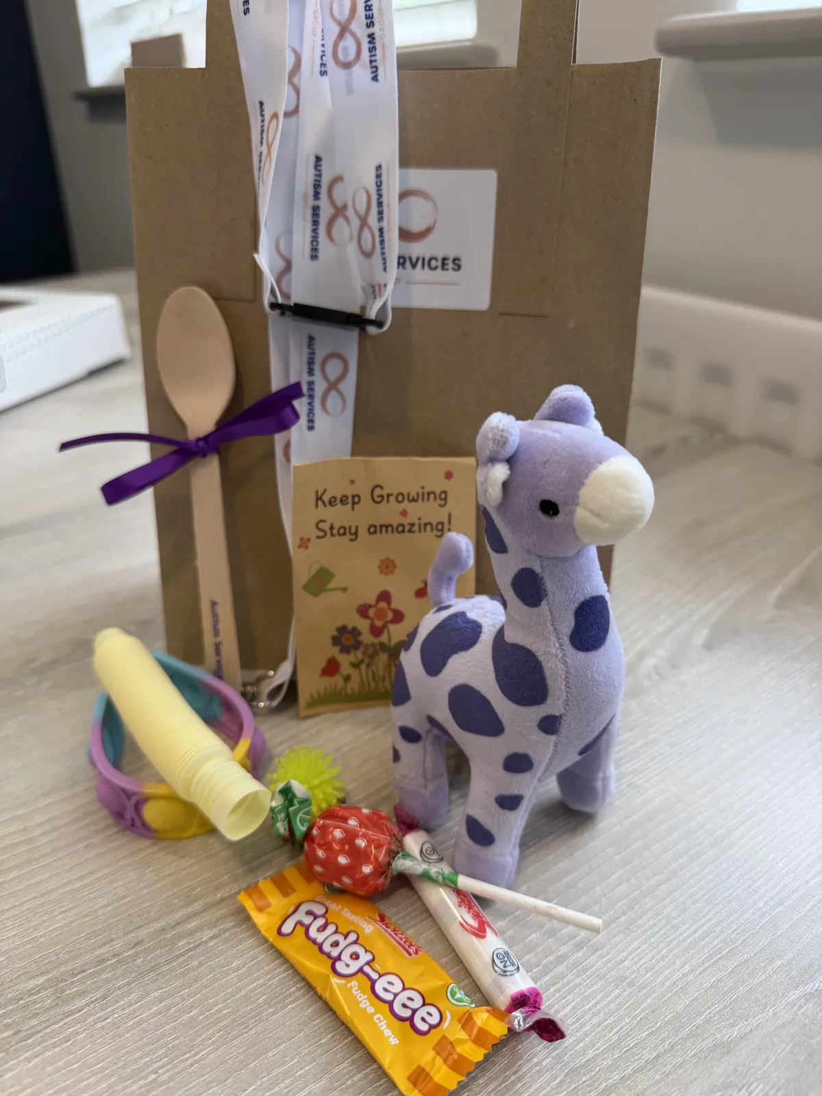 Autism Services Group child-friendly assessment goodie bag featuring a Gerald the Giraffe plush toy, sensory items, and treats to help children feel comfortable.