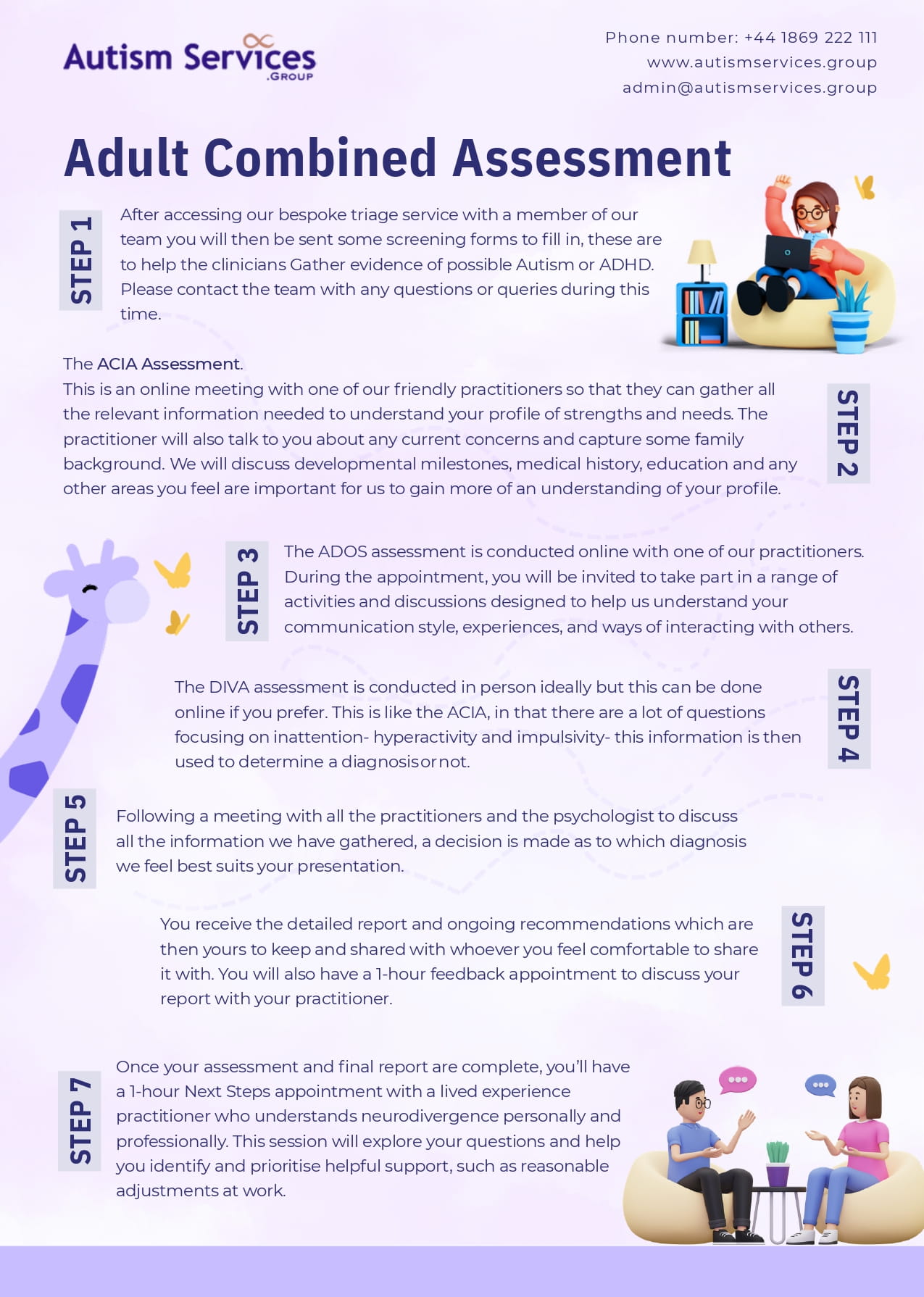 Infographic titled 'Get Started' detailing the 7-step child autism assessment process at Autism Services Group, featuring a road illustration with giraffe characters.