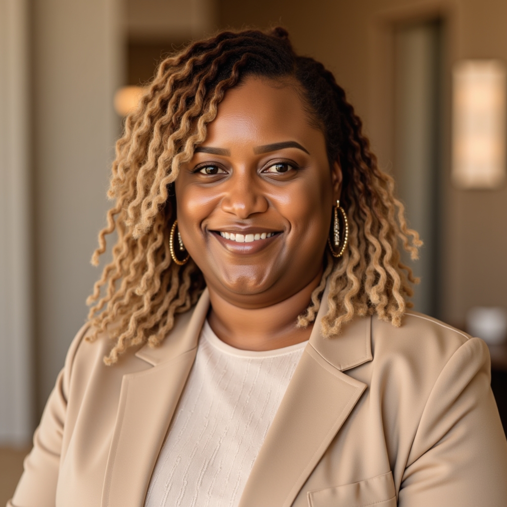 Danyelle-H-Bridges-headshot. She is wearing a beige blazer with a tan shirt