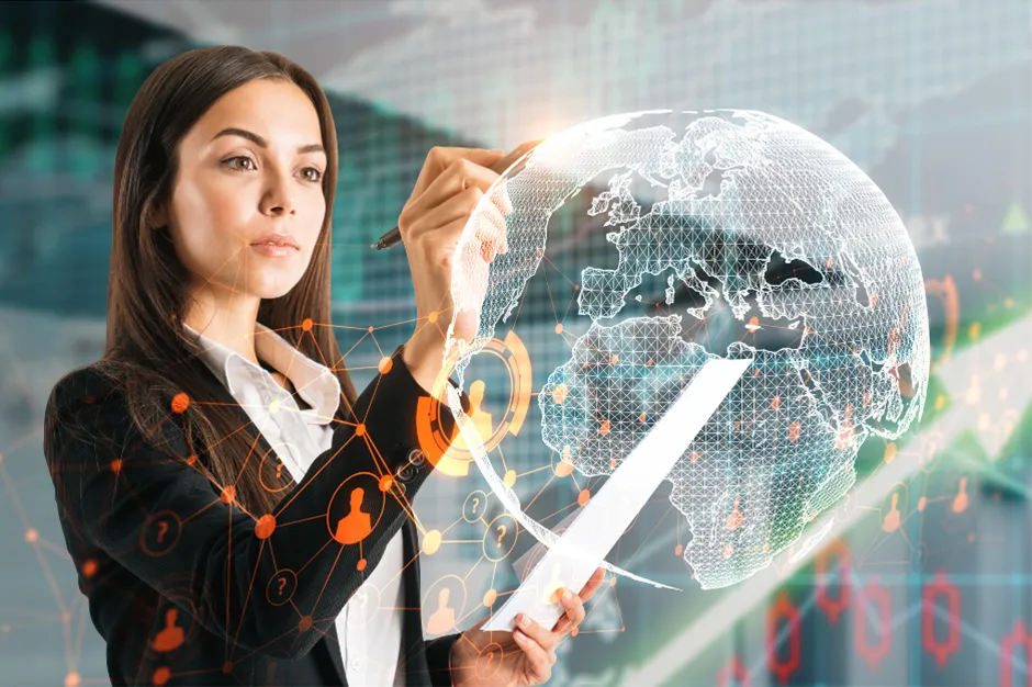 A businesswoman in a suit holds a tablet displaying a globe, symbolizing global connectivity and professional engagement.