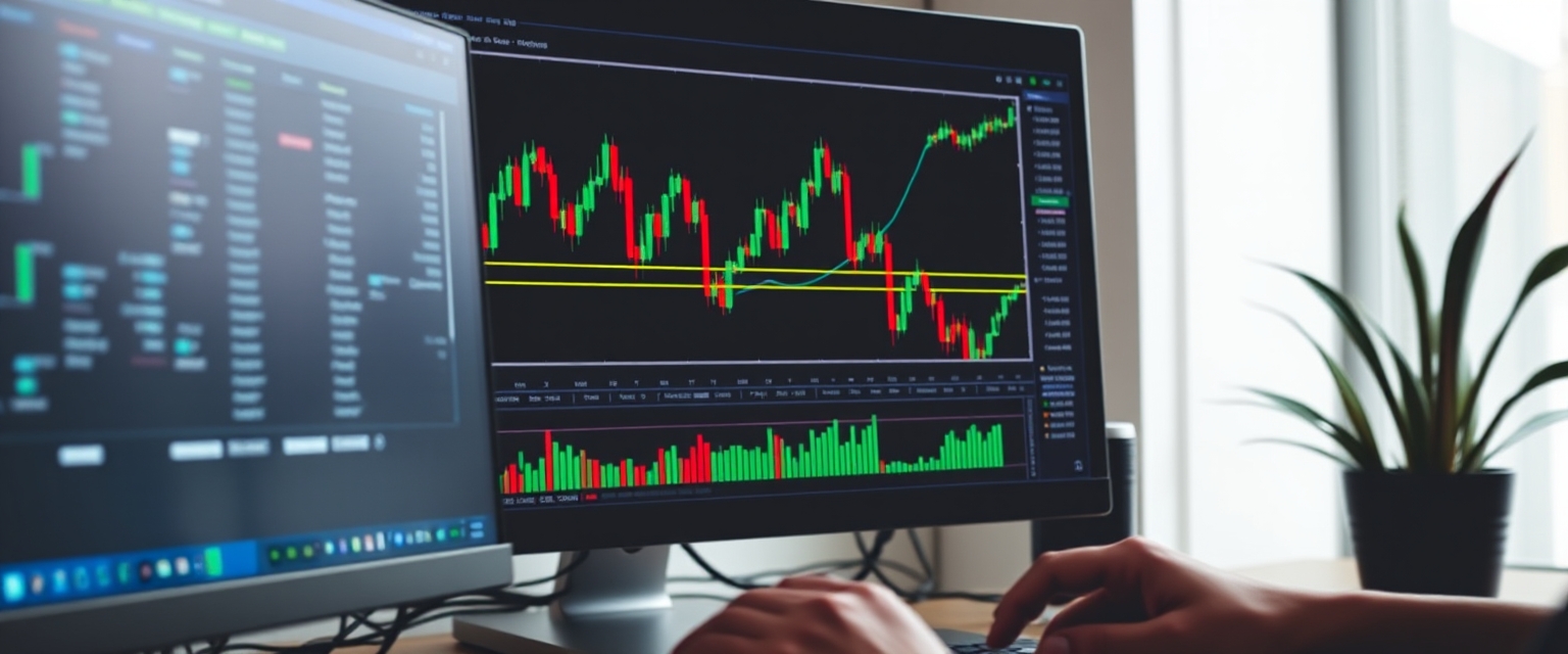 A person seated at a desk, focused on two monitors displaying stock market graphs and data analysis.