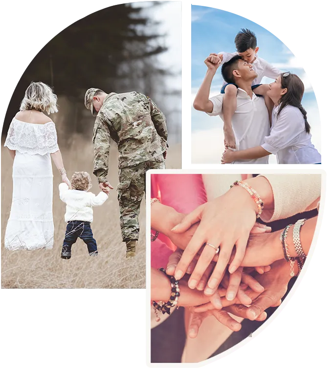 a collage of photos of military families, a woman holding a young boy on her shoulders, and a group of people stacking their hands together