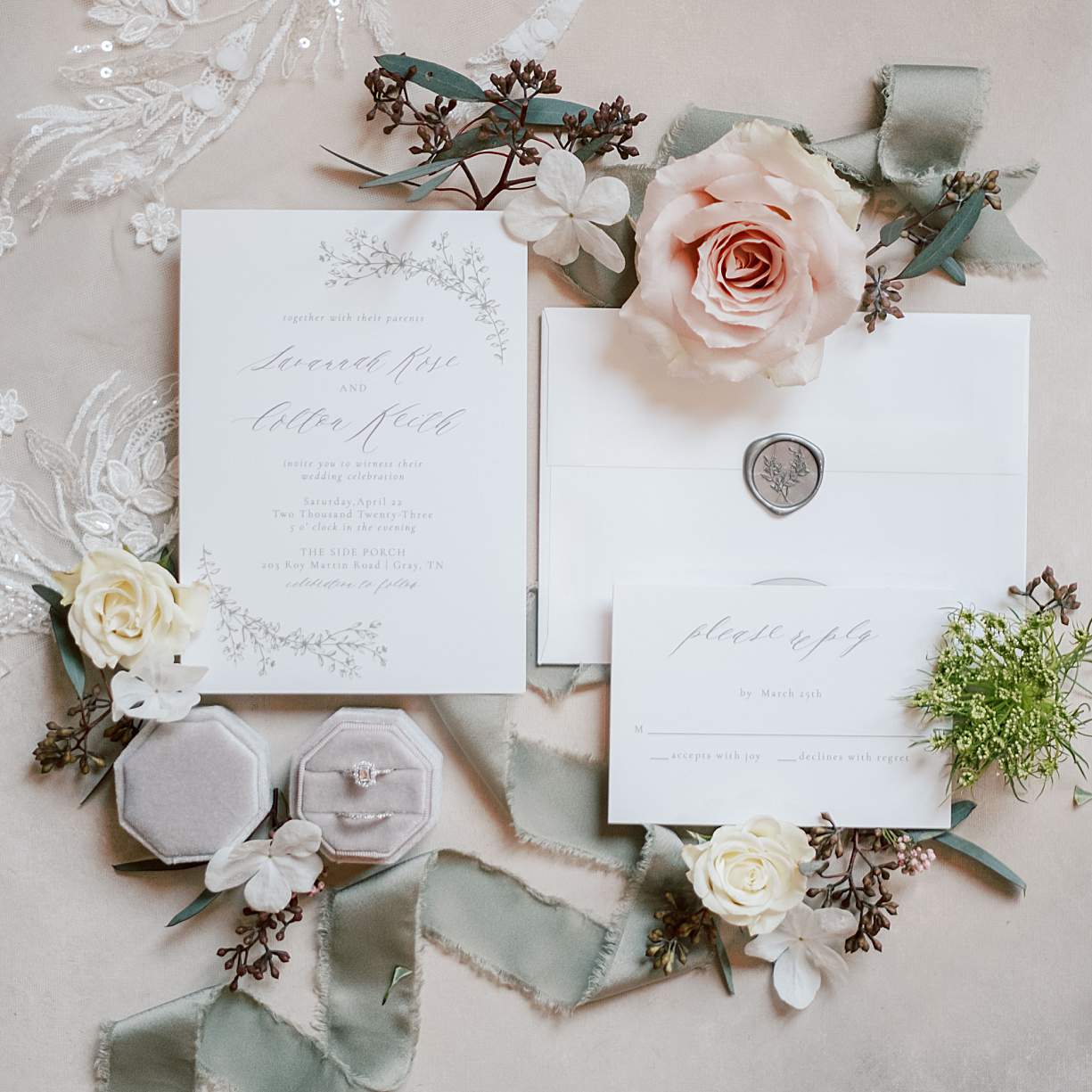 East Tennessee wedding invitation suite flat lay