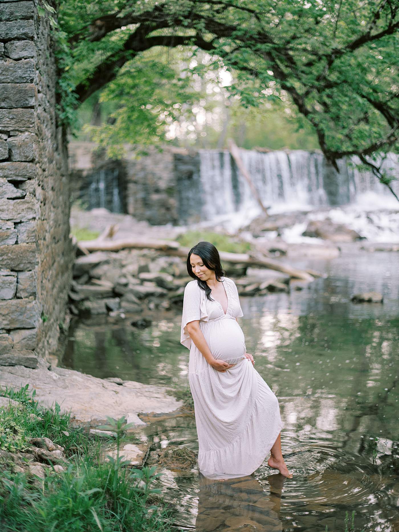 Fine art maternity portrait session in East TN field at golden hour