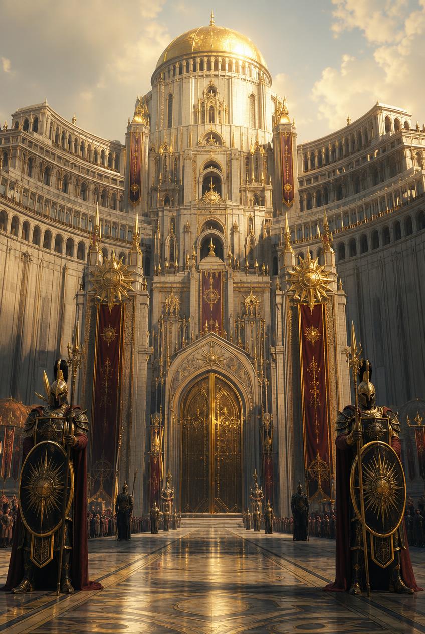 Epic painterly fantasy art of imperial banners and ancient stone halls