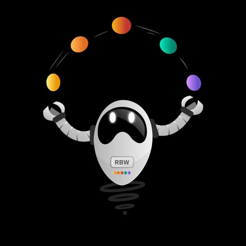 Robot RBW de Rainbow con esferas de colores girando a su alrededor, encarnando la fase de ‘Concreta’, centrada en cerrar ventas, programar citas y procesar pagos.