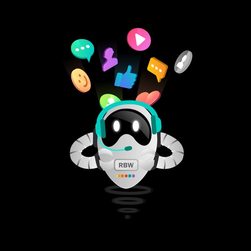 Robot RBW de Rainbow rodeado de íconos de redes sociales y mensajería, representando la fase de ‘Cultiva’, orientada a nutrir contactos con envíos automatizados.