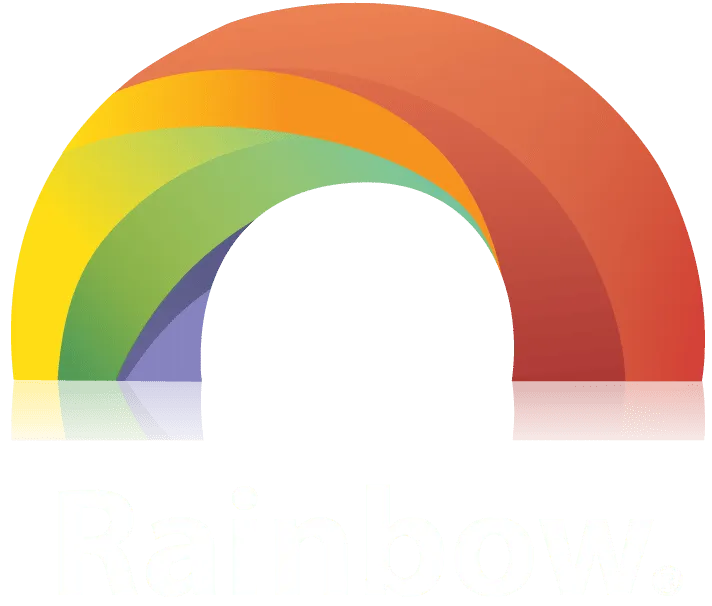 Logotipo de Rainbow, agencia de publicidad con un arco multicolor y el nombre ‘Rainbow’ en negro debajo.