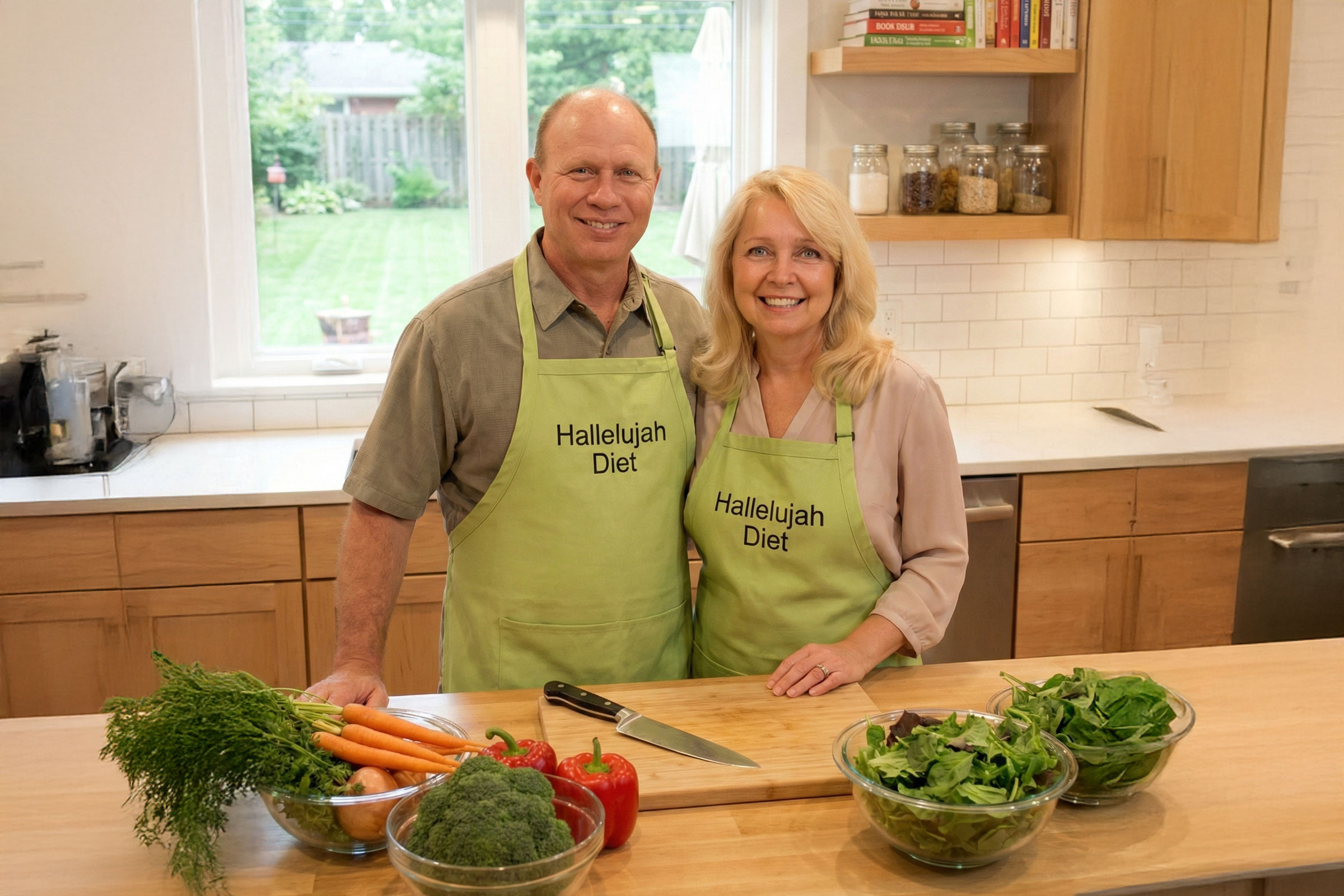 Ann and Paul Malkmus in a warm kitchen holding fresh produce and green juice
